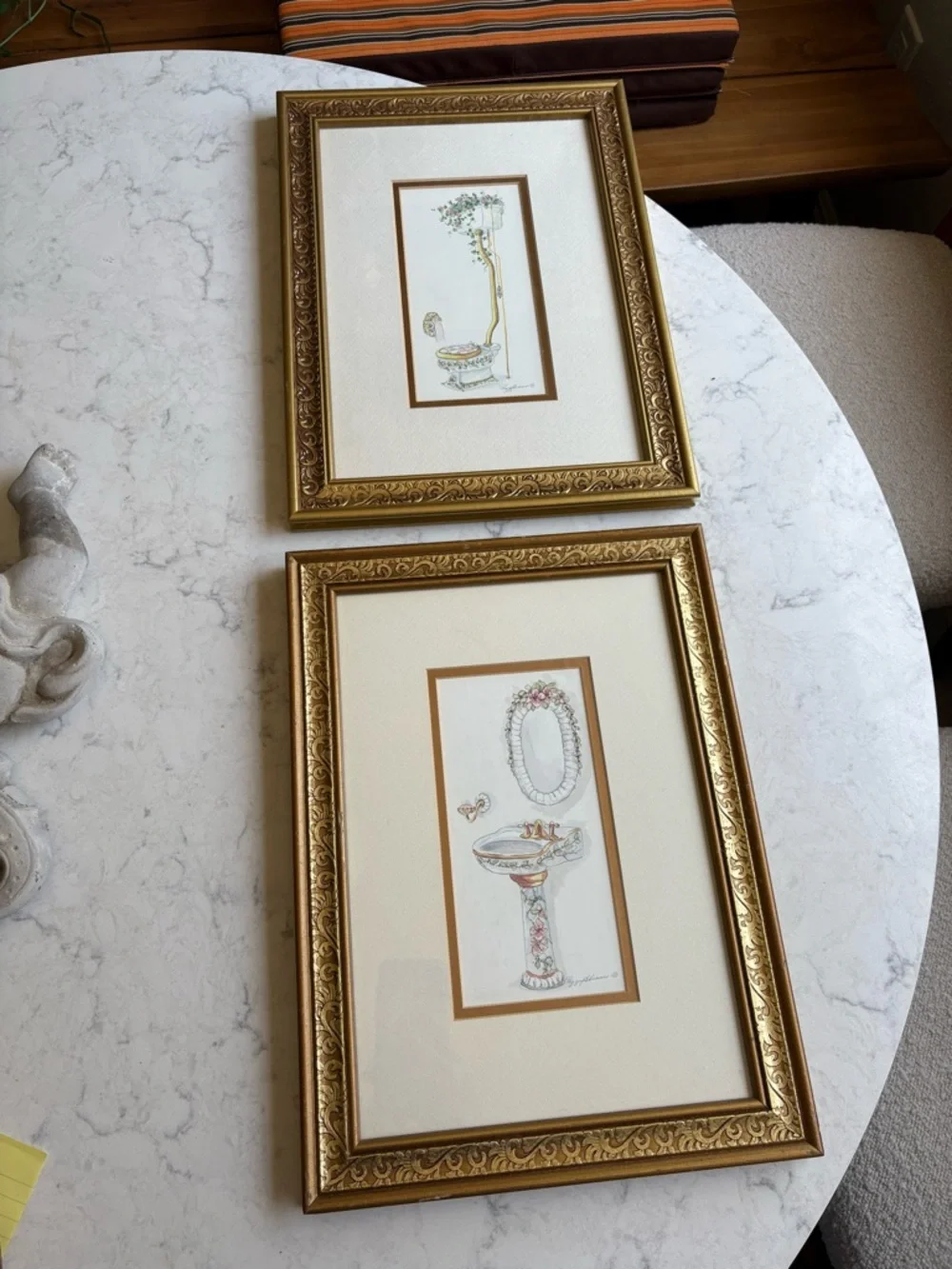 Vintage Pair of Gold Ornate Framed Bathroom Prints